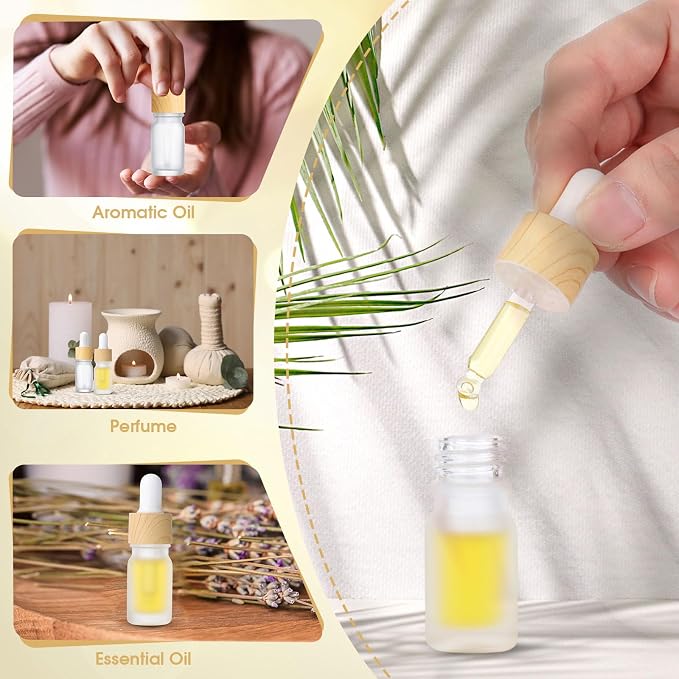 Patelai 96 Pcs 5 ml/ 0.2 oz Frosted Glass Dropper Bottles Essential Oil Bottles with Eye Dropper and Bamboo Lids Perfume Sample Essence Liquid Cosmetic Containers and Funnels (White)