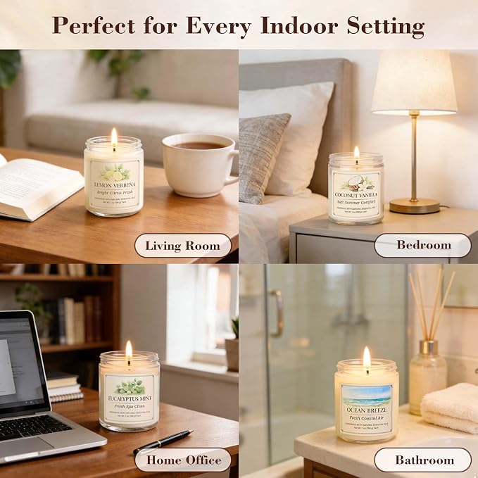 Scented Candle Gift Set, 6 Pack 7oz Natural Soy Wax Aromatherapy Candles, Coconut Vanilla Lemon Verbena Fresh Linen Scents, Long Burning Candles for Home Relaxation & Gifting