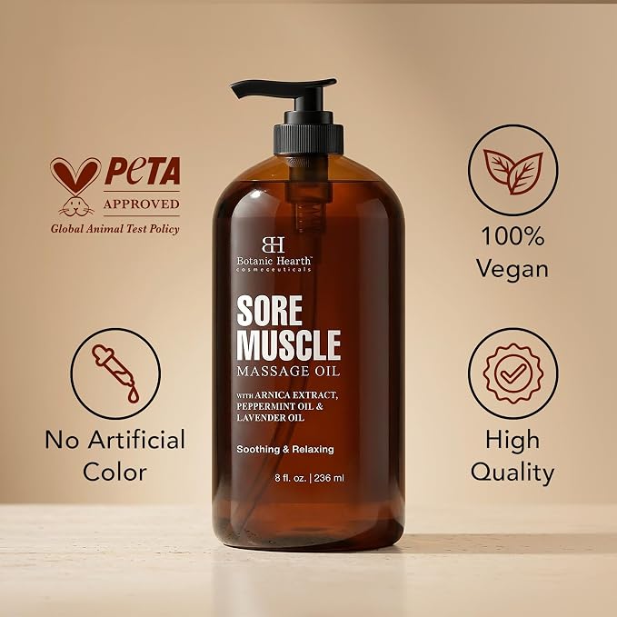 Botanic Hearth Soremuscle Massage Oil 8 Fl Oz| Refreshing, Relaxing Massage Oils for Muscle Relaxing & Joint Comfort | Made with Natural Oils | for All Skin Types, for Men & Women