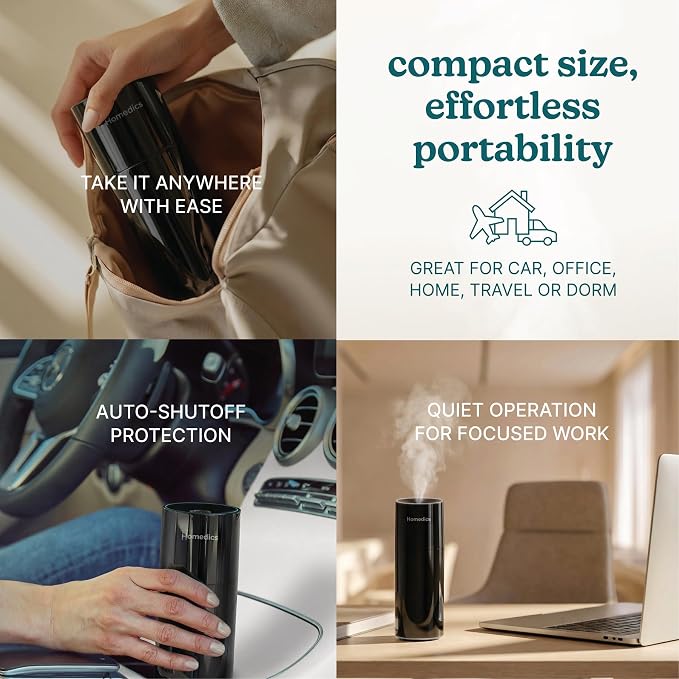 Homedics Portable Humidifier – Small Ultrasonic Cool Mist Humidifier for Bedroom, Desk & Travel, Mini Personal Humidifier, 7.7 oz Tank, Auto Shutoff, Night Light, Rechargeable (Gloss Black)