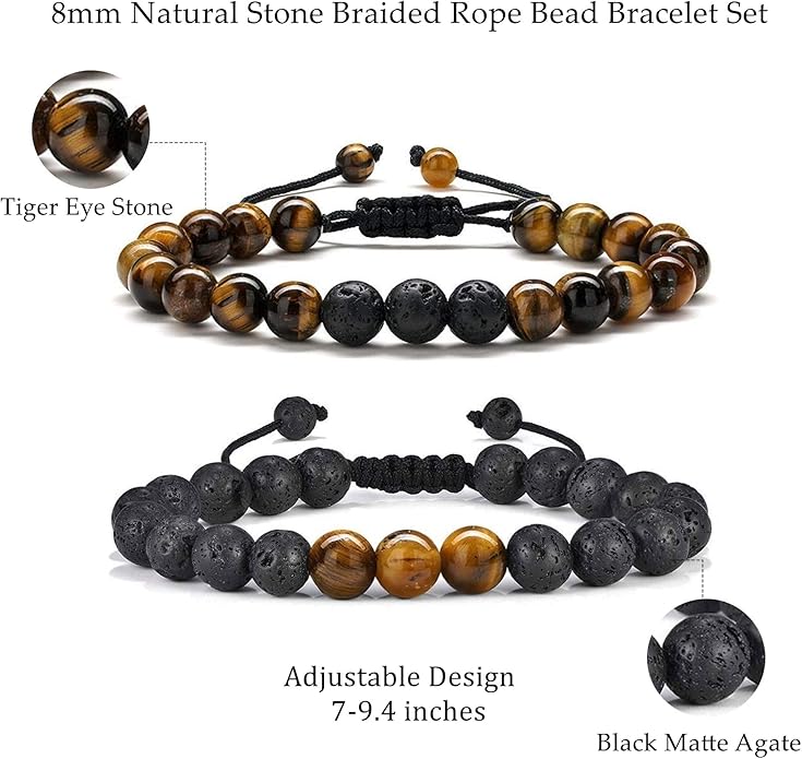 M MOOHAM Mens Bracelet - Beaded Natural Stone 8mm Tiger Eye Matte Agate Lava Rock Bracelets for Men Teen Boys Grandpa Dad Birthday Gifts Jewelry