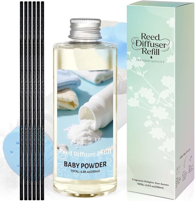 STRN Reed Diffuser Refill, Baby Powder Scented Reed Diffuser Set, 200ml with Sticks, Long-Lasting Aromatherapy, Summer Fragrance for Bedroom, Spa, Bathroom, Office