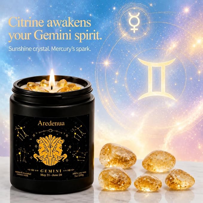 Gemini Birthday Gifts for Women | Zodiac Crystal Candle with Genuine Citrine Healing Crystals, Lemon Scented Soy Candle 7oz 50 Hour Burn for Anxiety Relief, Unique Astrology Gifts for Gemini