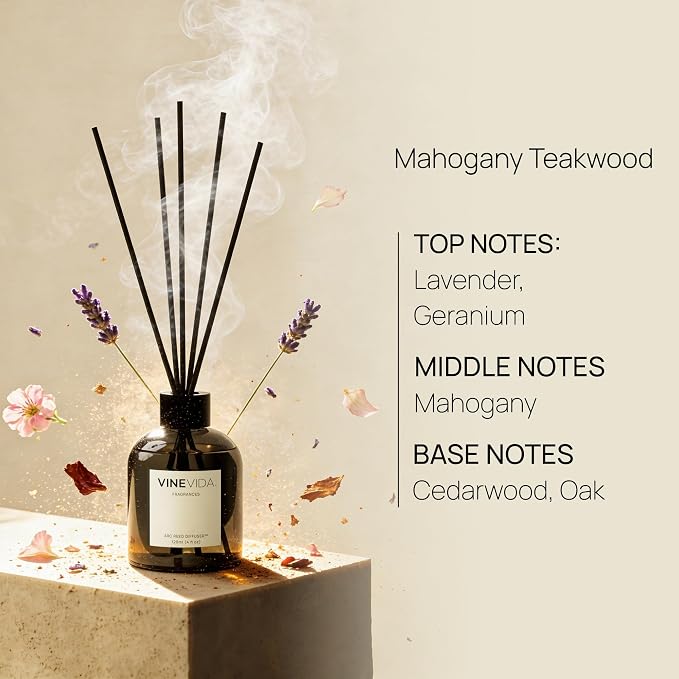 VINEVIDA Reed Diffuser Mahogany Teakwood | Diffuser Reed for Home & Bathroom | Long-Lasting Scent Sticks Set | Oil Stick Diffuser | Bathroom Scent