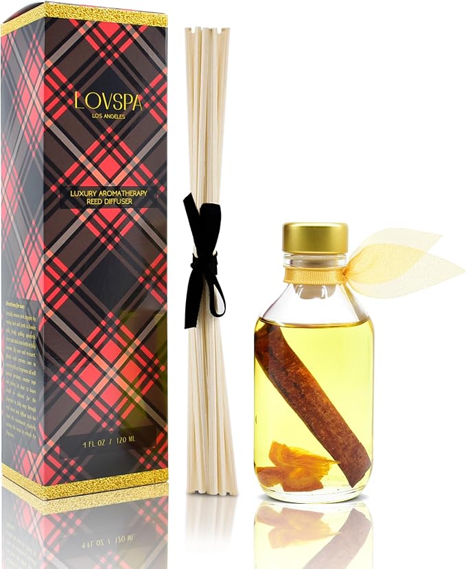 Spiced Pomander Diffuser Set, Room Fragrance, Shelf Decor, Spa Scent | Mandarin oranges, cloves, and cinnamon profile, guest bathroom, decorative glass bottle, home aroma, entryway, powder room
