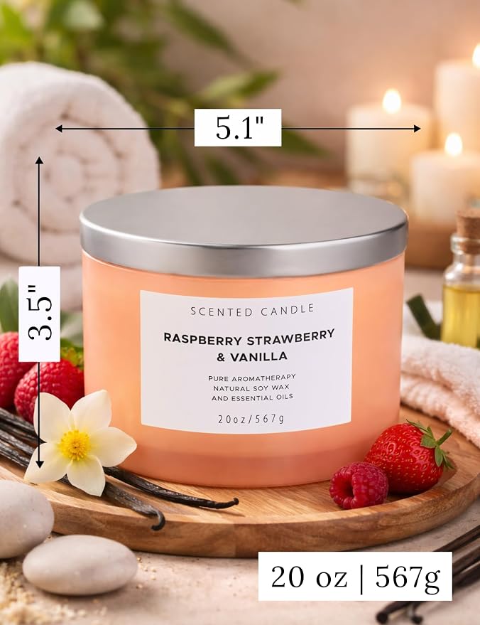 Raspberry Strawberry Vanilla Scented Candle | 4 Wick Extra Large Soy Candle 20 oz | Strong Scented Fruity Aromatherapy Candle for Women | Sweet Berry Vanilla Home Scent | Long Lasting Clean Burn