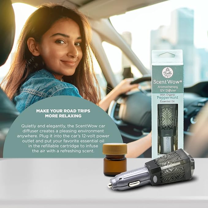Belle Aroma ScentWow Aromatherapy - Peppermint Oil Car Diffuser for Essential Oils – Portable 12V Plug-In Mini Diffuser – Compact Travel Humidifier for Cars, Trucks & Small Spaces – Gray & Silver