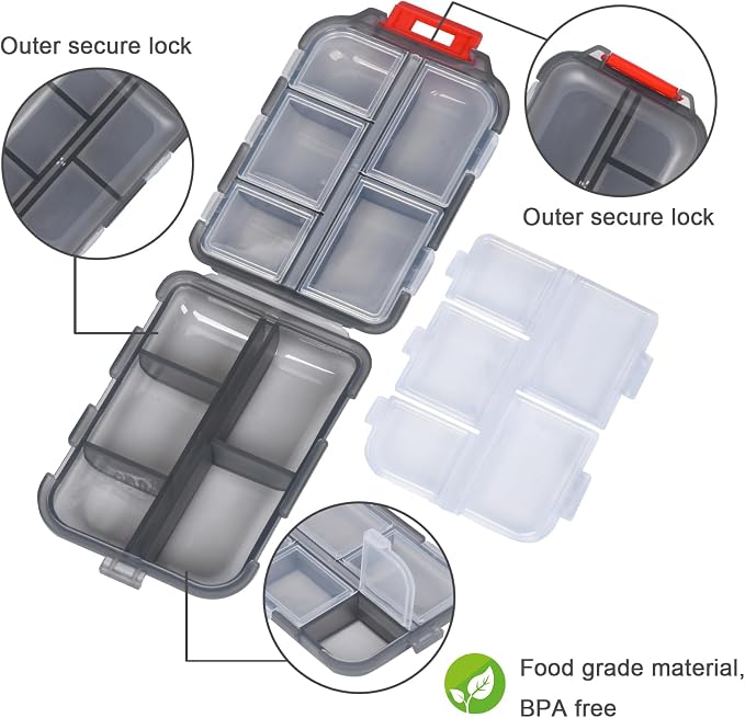 Large Travel Pill Organizer, 10 Compartments Small Portable Pill Case with 189 Medicine Labels, Compact Medicine Storage Box for Purse, Pocket, Airplane, Travel, Nurse Daily Use 3 Pack