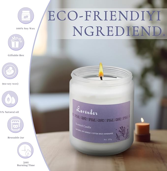 100% Natural Lavender Soy Wax Candle with Essential Oils, Relaxation & Sleep Aid, Eco-Friendly Cotton Wick, 50+ Hours Burn Time, Reusable Glass Jar (Lavender)