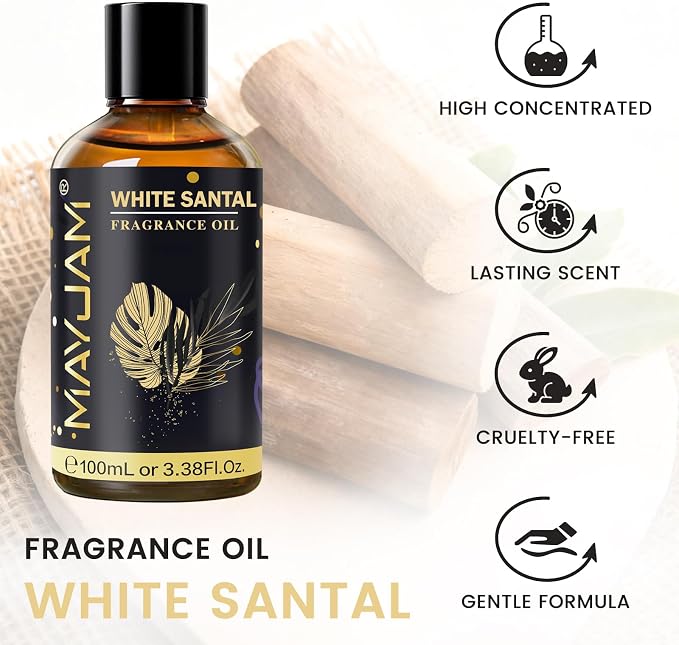White Santal Fragrance Oil Essential Oil, MAYJAM 3.38FL.OZ White Santal Oil for Diffusers for Home, Long Lasting Scented Oils for Soap Candle Making - 100ML