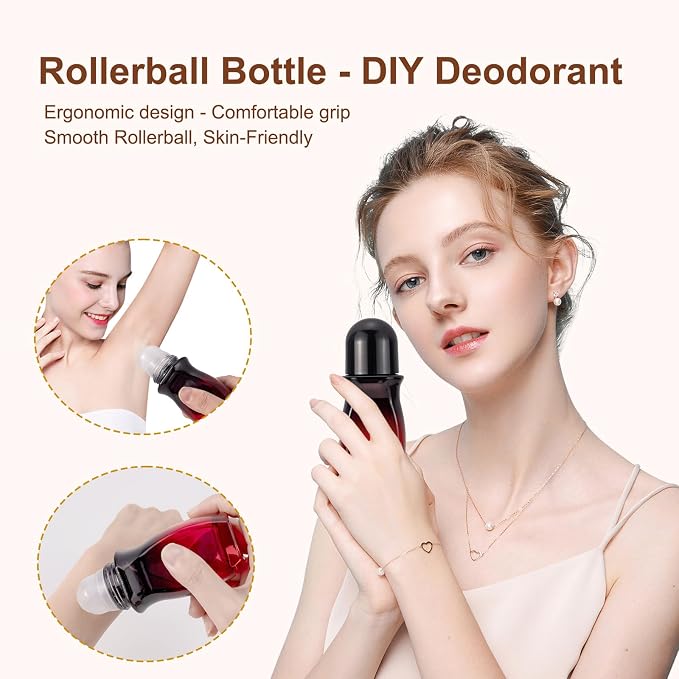 3-Pack 50ML Glass Deodorant Roller Bottles, Empty Refillable Roll On Bottles with Roller Ball Applicator for Essential Oils, Reusable Roller Containers for DIY, Care, Young Living