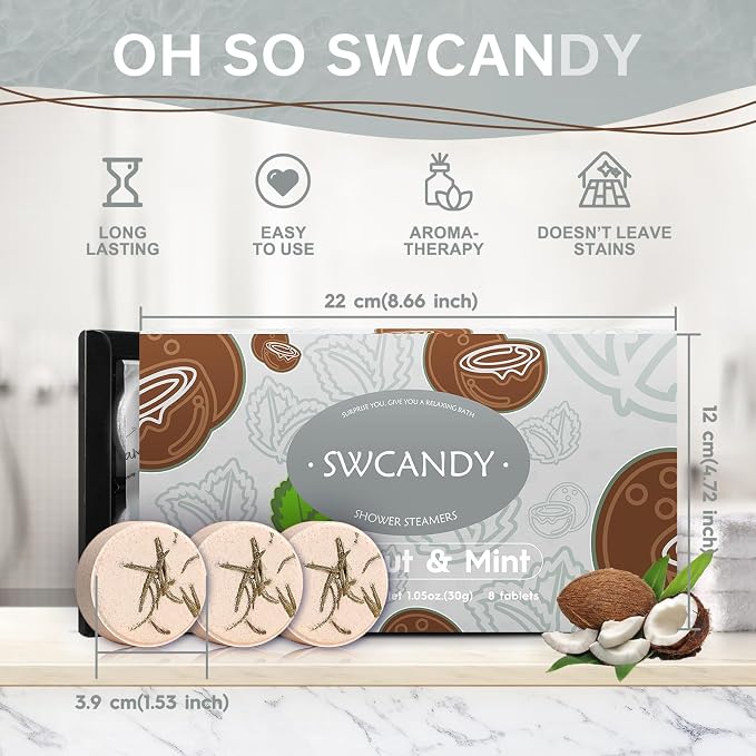 SWCANDY Shower Steamers Aromatherapy Birthday Gifts for Women Travel Essentials, 8 Pcs Coconut Mint, Bath Bombs Shower Bombs with Natural Essential Oils, Relaxation Home SPA