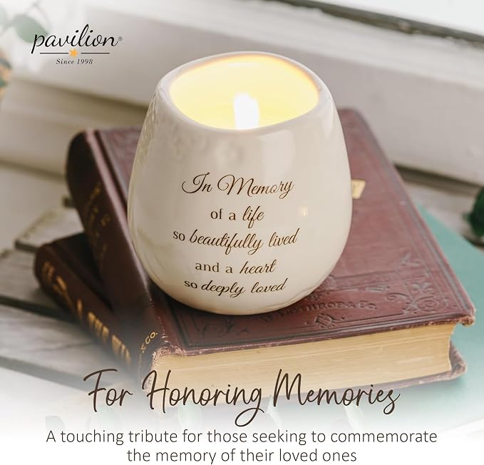 Pavilion 'In Memory, Beautifully Lived' 19178 - White Ceramic Candle with Soy Wax in a Delicate Floral Scent, Thoughtful Sympathy, Remembrance, and Condolence Gift - 8 Ounces