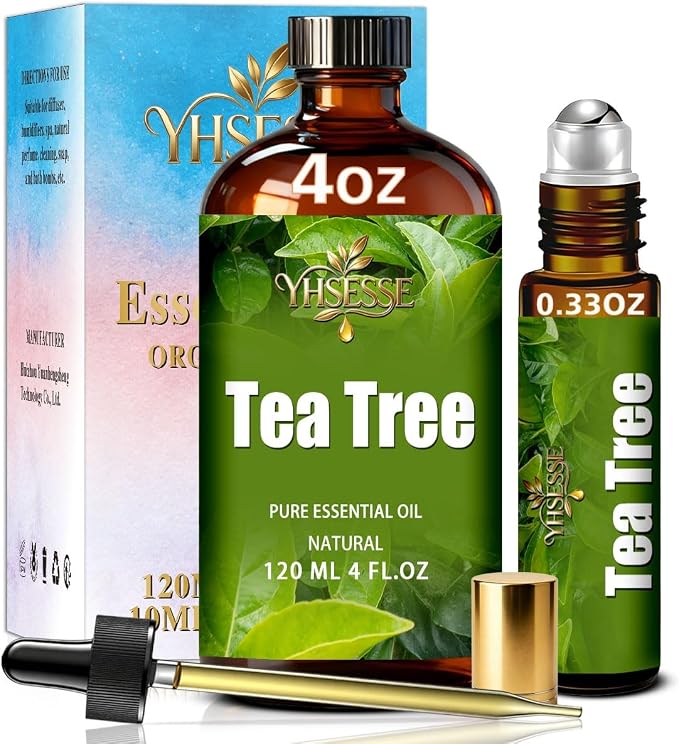 Tea Tree Essential Oil, Tea Tree Oil 4 Fl Oz 120ml for Diffuser Yoga Soap & Candle Making – with 0.33 Oz Roller Ball & Dropper YHSESSE Essential Oils