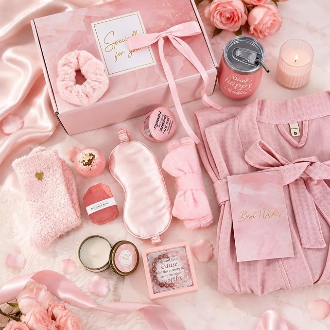 gisgfim 14Pcs Birthday Gifts for Women Spa Gift Basket Set Relaxing Home Products Self Care Kit Includes Mirror Socks Steamers Bath Robe for Women Mother's Day Her Friend Sister Wife Grandma (Pink)