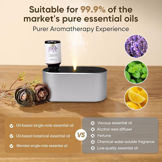 Waterless Diffuser for Home Essential Oil Diffuser, Aromatherapy Diffuser, Portable Scent Diffusers, 3 Mist Modes, Cycle Start for Bedroom, Office Studio 350-700 sq. ft Silver