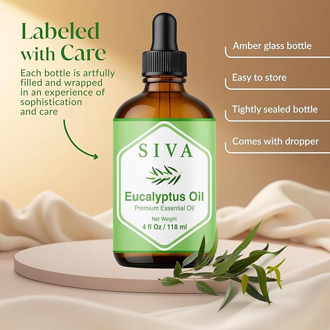 Siva Eucalyptus Essential Oil 4 Fl Oz – for Diffuser, Skin & Hair Care – Ideal for Aromatherapy, Massage & DIY Blends- with Dropper