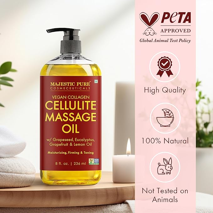 Majestic Pure Firming Body Massage Oil- Helps Smooth the Appearance of Cellulite & Improve Skin Texture- Natural Oils with Collagen- Refreshing Aromatherapy Body Oil for Legs & Full Body - 8 fl oz