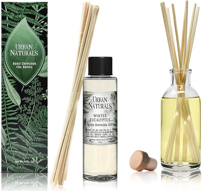 Urban Naturals Reed Diffuser Oil Refill Winter Eucalyptus, Crisp Eucalyptus, Mint, Spruce, Cedar, Essential Oils, 4 oz + Free Reed Sticks, Made in the USA