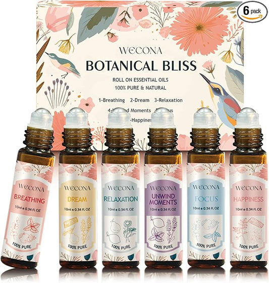 Wecona Aromatherapy Essential Oil Roll-On Set – 6x10ml Essential Oil Blends with Roller Bottles, Portable Essential Oils for Diffusers for Home,Relaxing Gift for Women & Men