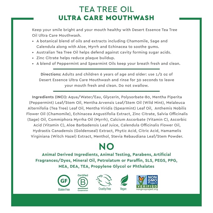 Desert Essence Natural Tea Tree Oil Ultra Care Mouthwash - Mega Mint - 16 Fl Oz - Freshens Breath - Defends Against Sugar Acids - Vitamin C - Soothes Gums - Whitening Floss - Removes Food Debris