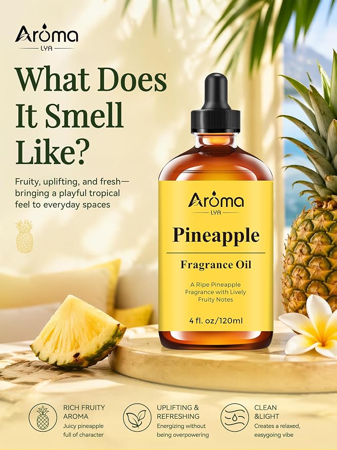 Pineapple Fragrance Oil is Designed for Diffuser use and Home scenting, Bringing a ripe Pineapple Aroma with Lively Fruity Notes into Your Space