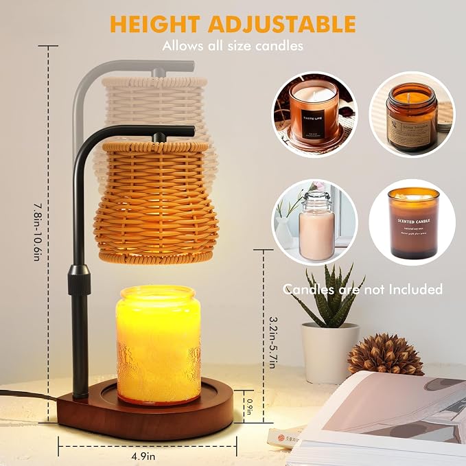 Candle Warmer Lamp with Timer & Dimmer - Electric Wax Melt Warmer with Adjustable Height for Scented Candles, Rattan Design for Home Decor, Mothers Day Gifts, Housewarming (Gold)