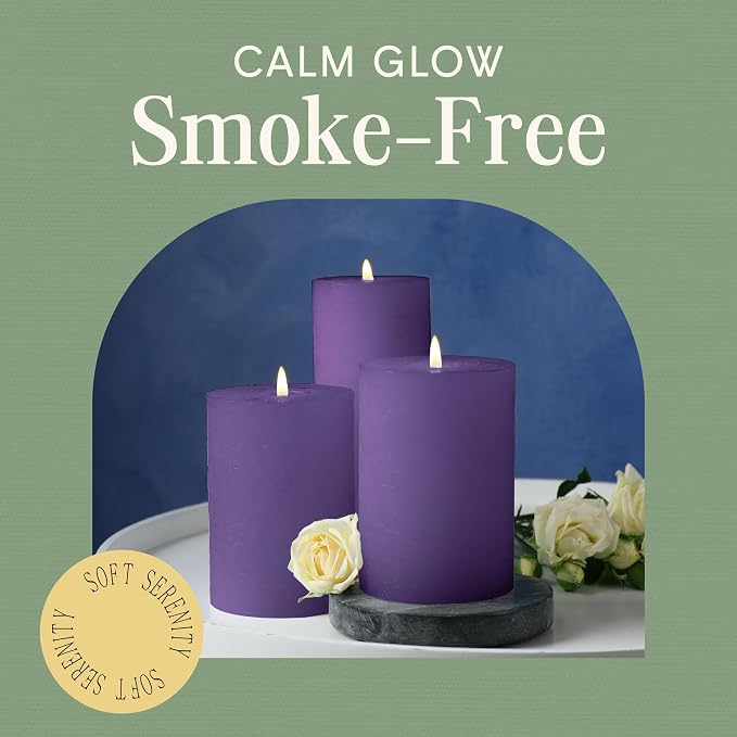 Mister Candle Dripless Unscented Pillar Candles, Set of 3 Hand Poured Purple Pillar Candles, Solid Color Non-Scented Candles for Home Decor, Premium Wax, 80 Hr Burn Time, 3x6 Inch