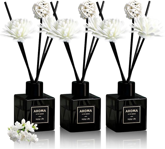 Reed Diffuser Set of 3, Jasmine Scented Oil Diffuser with 15 Sticks,(50ml) x 3 Aromatherapy Oil Reed Diffuser for Home Bedroom Bathroom Air Freshener