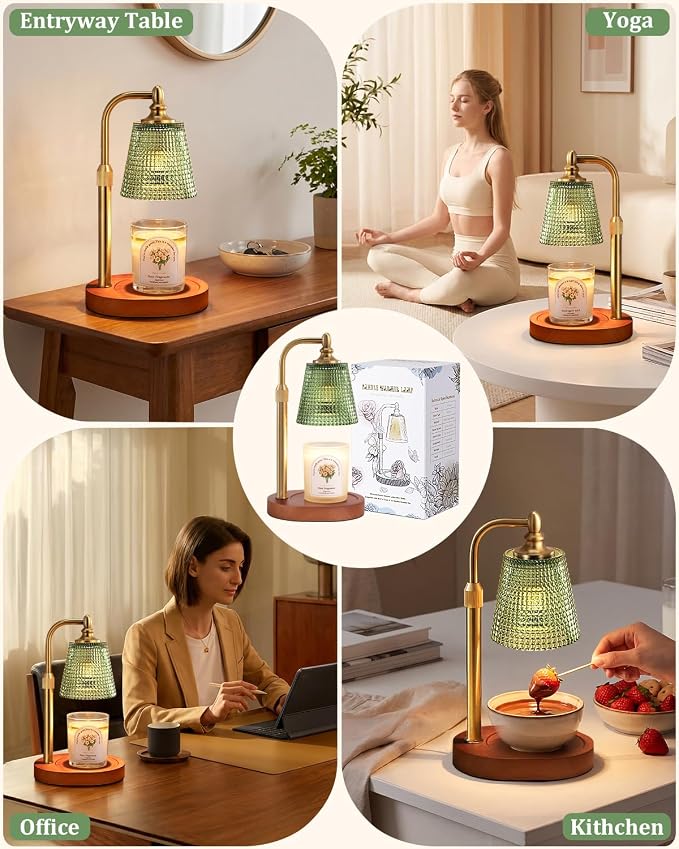 Hong-in Candle Warmer Lamp with Timer Dimmer, Birthday Gifts for Women, House Warming Gifts for New Home, Vintage Room Decor, Adjustable Height Candle Lamp, Wax Warmer for Scented Jar Candles, Green