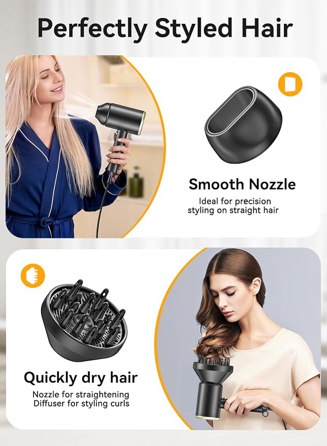 Hair Dryer with Diffuser, 150000 RPM Ionic Blow Dryer, Foldable Travel Hair Dryer with Nozzle, Lightweight Low Noise Fast Drying Hairdryer for Women Men, Portable Mini Hair Dryer, Black