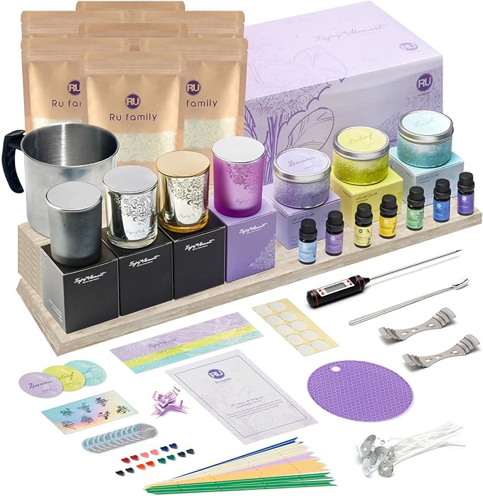 RU HANDMADE DIY Candle Making Kit for Adults – Soy Wax Candle Kit for Beginners, Make 7 Full-Size Candles with 7 Gift Boxes, 1120g Wax, 7×10ml Fragrance Oils, 4 Glass 7oz Jars & 3 Tins