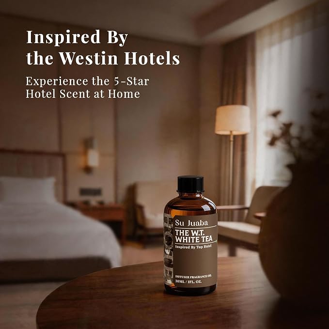 SU JUABA White Tea Hotel Diffuser Oil - Inspired by Westin - Luxury Scent for Essential Oil Diffuser for Home & Car, Crafting, Long-Lasting & Vegan, 1 Fl Oz