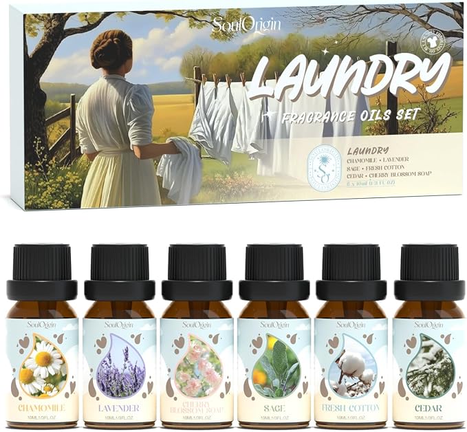 Soulorigin Laundry Fragrance Oils Set, Essential Oil Gift Set for Diffuser, Clean Scent Diffuser Oil, Use with Wool Dryer Balls or Diffuser,Chamomile, Fresh Cotton, Sage, Cedar, Lavender, Cherry Soap