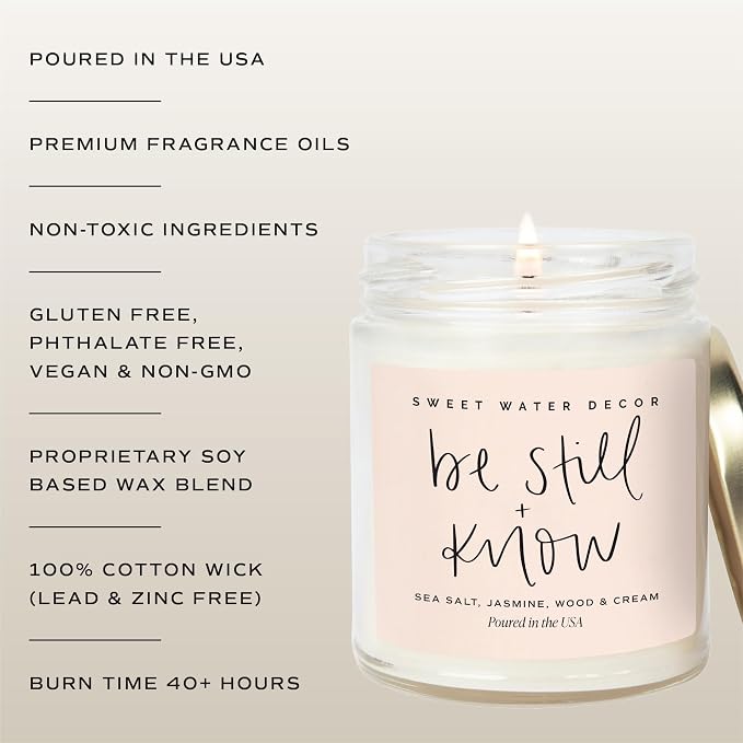 Sweet Water Decor, Be Still and Know, Sea Salt, Jasmine, Cream, and Wood Scented Soy Wax Candle for Home - Christian Candle Gifts for Women - 9oz Clear Jar, 40 Hour Burn Time, Made in the USA
