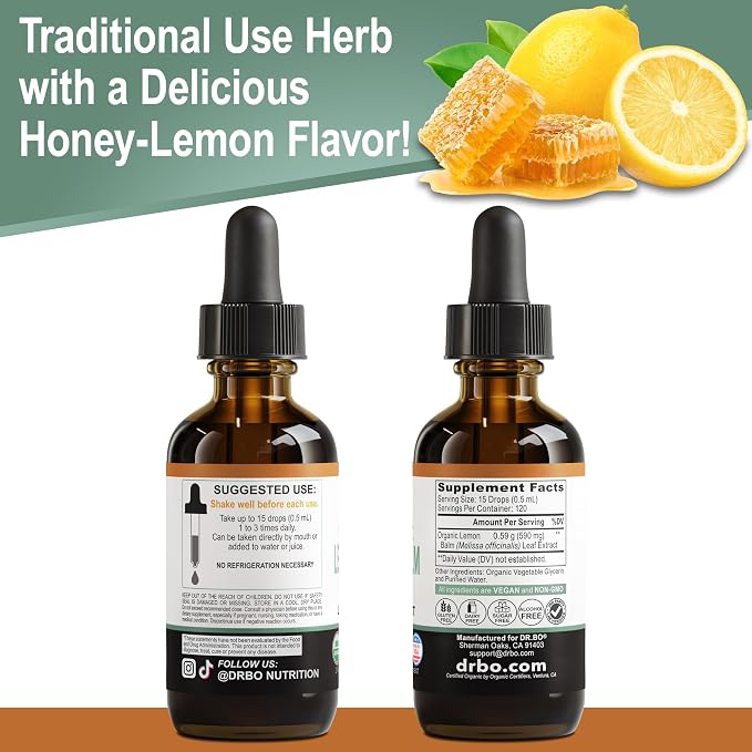 Organic Lemon Balm Extract Tincture - Organic Lemon Balm Leaf Liquid Extract Drops Oil Melissa Officinalis, Calm Relaxation Tea Supplements - Vegan Liquid Drops Tincture Supplement, Kids & Adults 2oz
