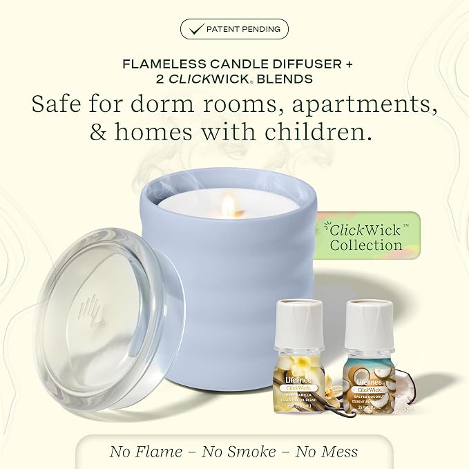 Lifelines Flameless Candle Aromatherapy Essential Oil Diffuser with 2 ClickWick Essential Oil Blends - Cordless & Waterless Diffuser for Home - Scented Electric Candles Blow Out Flame - Periwinkle