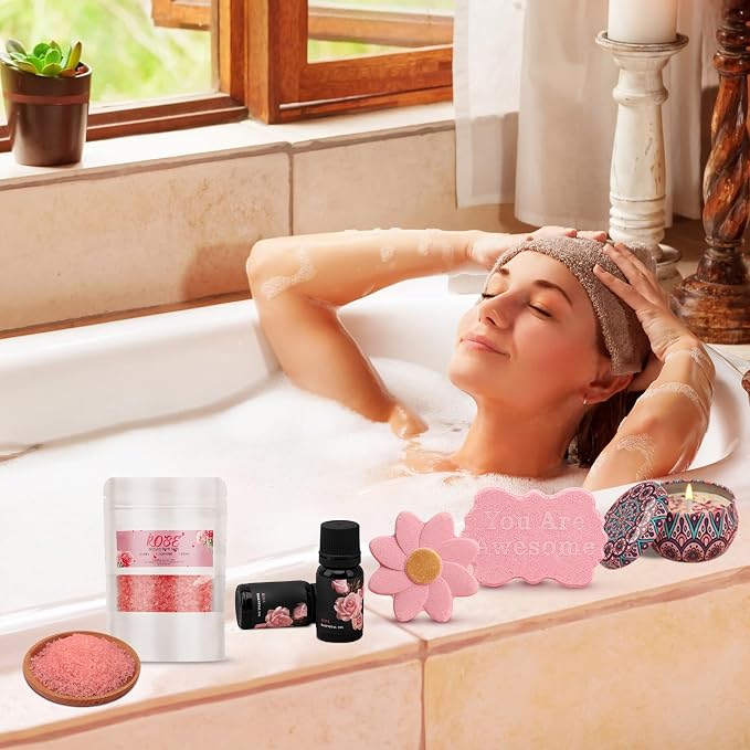 10-Piece Rose Pamper Gift Set for Women, "You Are Awesome" Self Care Kit, Relaxation Bath Spa Hamper, Get Well Soon Gifts (Rose-Special)