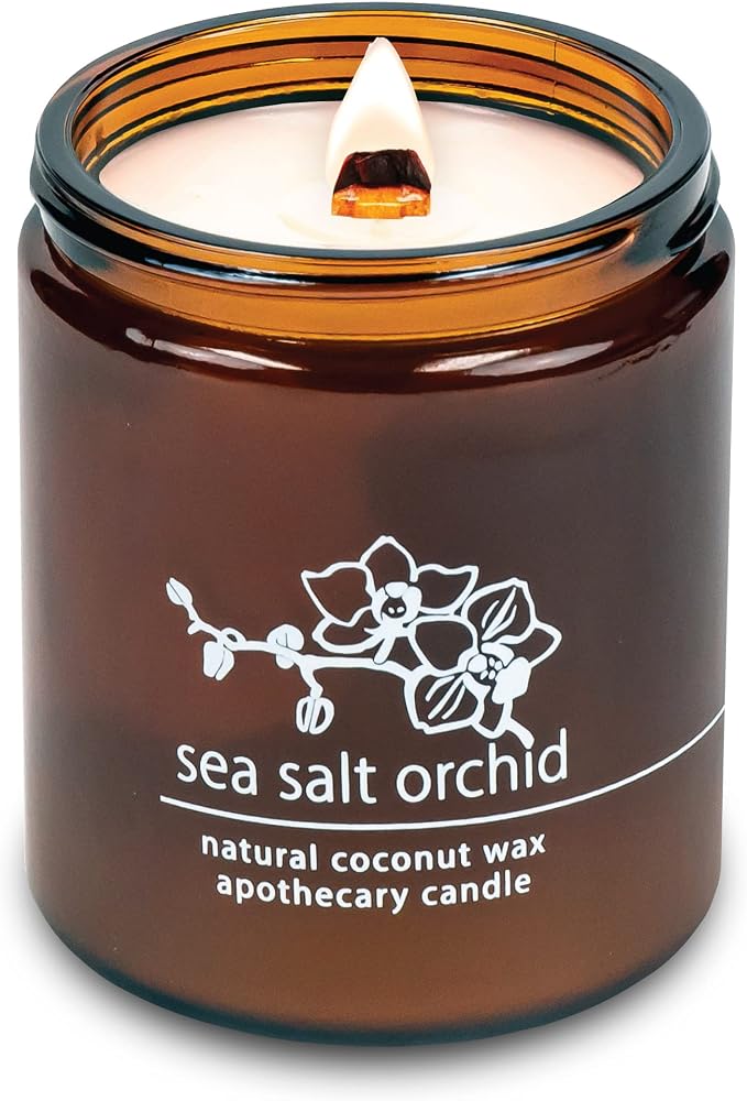 Hemlock Park Sea Salt Orchid Apothecary Scented Candle | Crackling Wood Wick, Botanical Fragrance & Coconut Apricot Wax | Up to 60 Hour Burn Time | 8 oz | Made in USA