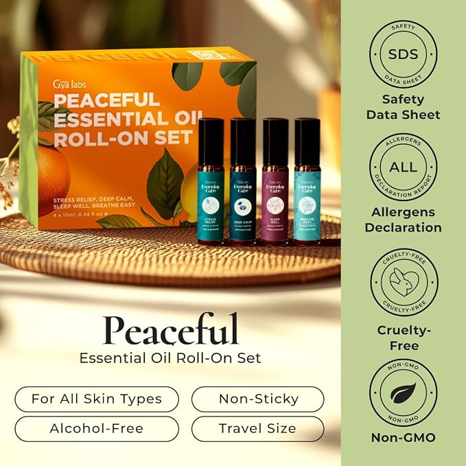 Gya Labs Peaceful Roll on Essential Oils Set - 0.34 Fl Oz Each - Essential Oil Set Relaxation Womens Gifts for Christmas - Blends for Calm, Aromatherapy Stocking Stuffers, Relaxing Gifts for Women