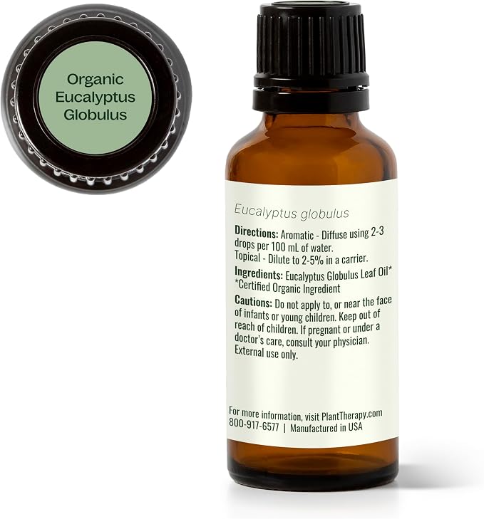 Plant Therapy Organic Eucalyptus Globulus Essential Oils 30 mL (1 oz), 100% Pure, USDA Certified Organic, Undiluted, Natural Aromatherapy for Respiratory Support & Focus