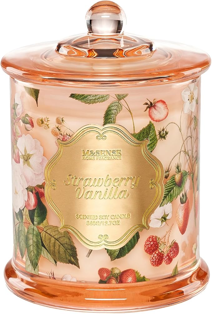 M&SENSE Strawberry Vanilla Candle 12.7oz Romantic Summer 2 Wick | Organic Soy, Non-Toxic, Sweet Cozy Summer Scent, Ideal Gifts for Women, 75 Hours Burning