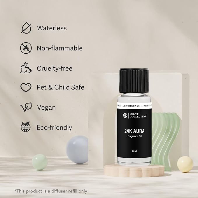 Luxury Hotel Scent 24K Aura Diffuser Oil Waterless Essential Aromatherapy for Cold Air & Car Diffusers – Long Lasting Refill for Large Room & Home - Signature Lemongrass (20ml/0.68Fl oz)