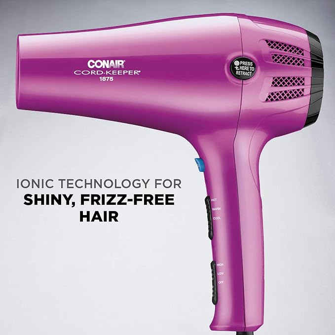 Conair HairDryer with Retractable Cord, 1875W Blow Dryer, 3 Heat Settings, 2 Speeds, BlowDryer with Diffuser and Concentrator Attachments, Ionic + Tourmaline Technology, Pink (Pack of 4)