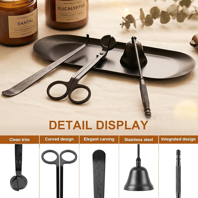 tifanso 4-in-1 Candle Care Kit with Wick Trimmer Cutter, Extinguisher Snuffer, Dipper and Storage Tray Plate, Stainless Steel Wick Scissors Accessories with Gift Package for Candle Lovers (Black)