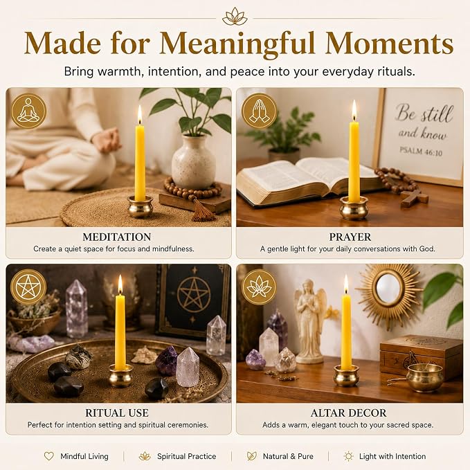 Beeswax Meditation Candles, 20 Minute Mini Taper Candles with Candle Holder | Beeswax,12Pack,Chime,Prayer,Non Toxic,Small,Spell,Birthday,Shabbat,Ritual,Yellow,Natural,Unscented,Witchcraft,Altar,Orthodox