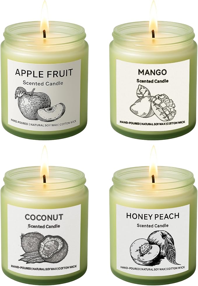 Scented Candle Gift Set, 4 Pack 25oz Soy Wax Candles, 200 Hour Burn Time, Long Lasting Aromatherapy Candles for Home Fragrance, Ideal Gift for Women and Men – Mango, Apple, Peach, Coconut