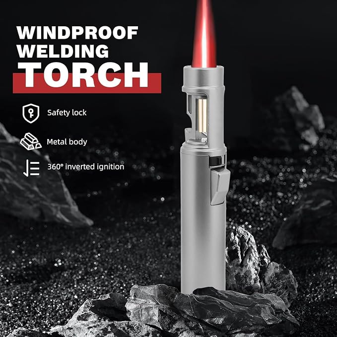Torch Lighter, Straight Flame Bright Lighters, Windproof Adjustable Flame Color with Safety Lock, Lightsaber Torch Flame for Outdoor, Campfires, BBQ, Candles, Camping