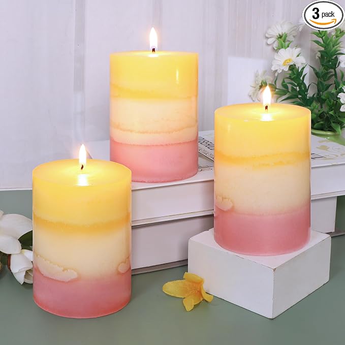 Sweet Scented Candles 3x4 Inch Pillar Candle Honeysuckle Scented Layered Yellow White Pink Aesthetic Decorative Candle for Living Room Bathroom Emergency Spa Aroma Birthday Gift Party Decor, Set of 3