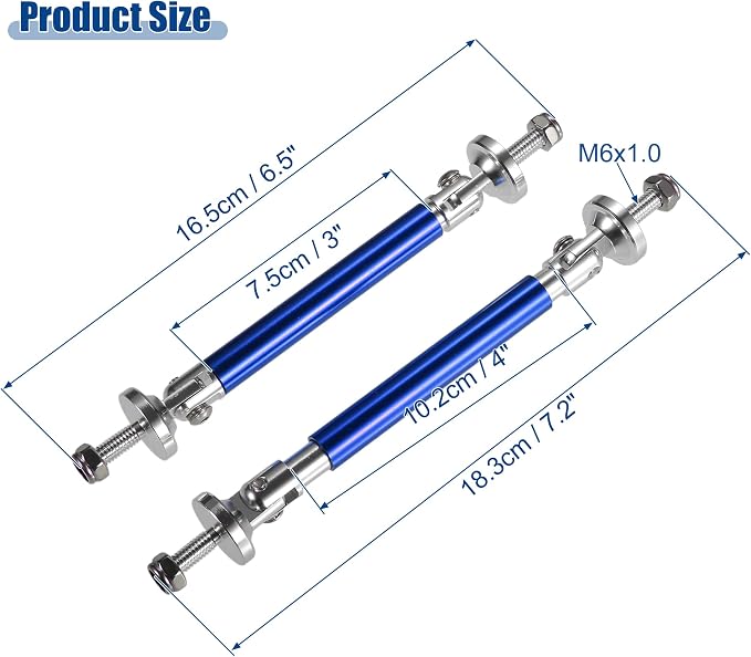 ACROPIX Universal 3"-4" Adjustable Aluminum Alloy 75mm Front Bumper Lip Splitter Diffuser Strut Rod Tie Bars Splitter Support Rods Blue - Pack of 2